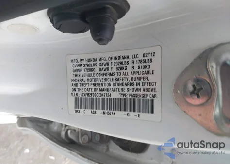 2012 Honda Civic Ex-L from USA, damaged, VIN 19XFB2F99CE047724